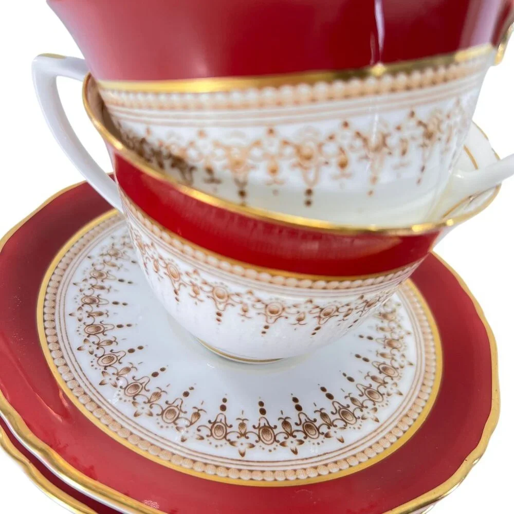 Vtg Royal Worcester Red Regency Tea Cup Saucer Set Of 2 Gold Trim England - Picture 4 of 15